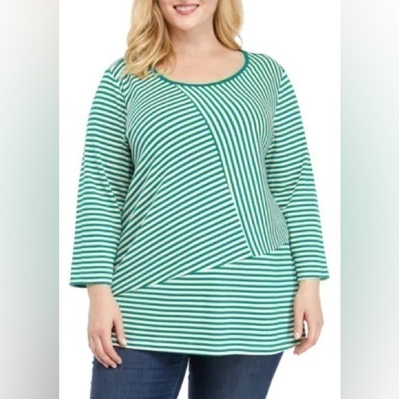 Kim Rogers Plus Size Striped Top-Green/Ivory/Gold - Picture 1 of 4